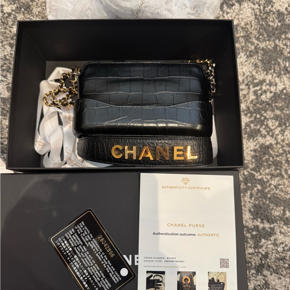 CHANEL Black Croc-Embossed Bag with Gold Accents